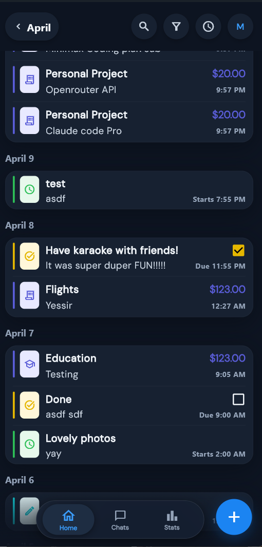 Home screen list view with journal entries, transactions, todos, and events