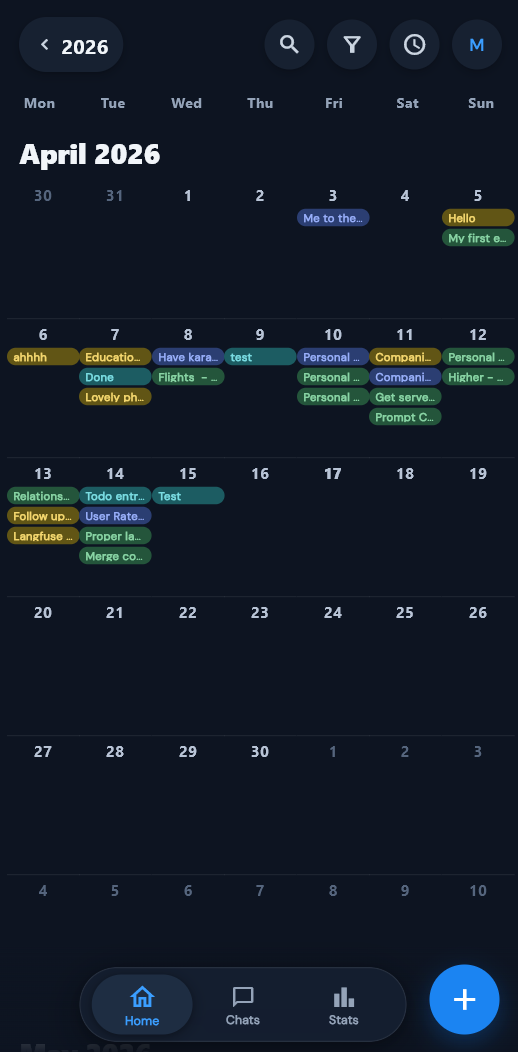 Calendar month view with color-coded entries