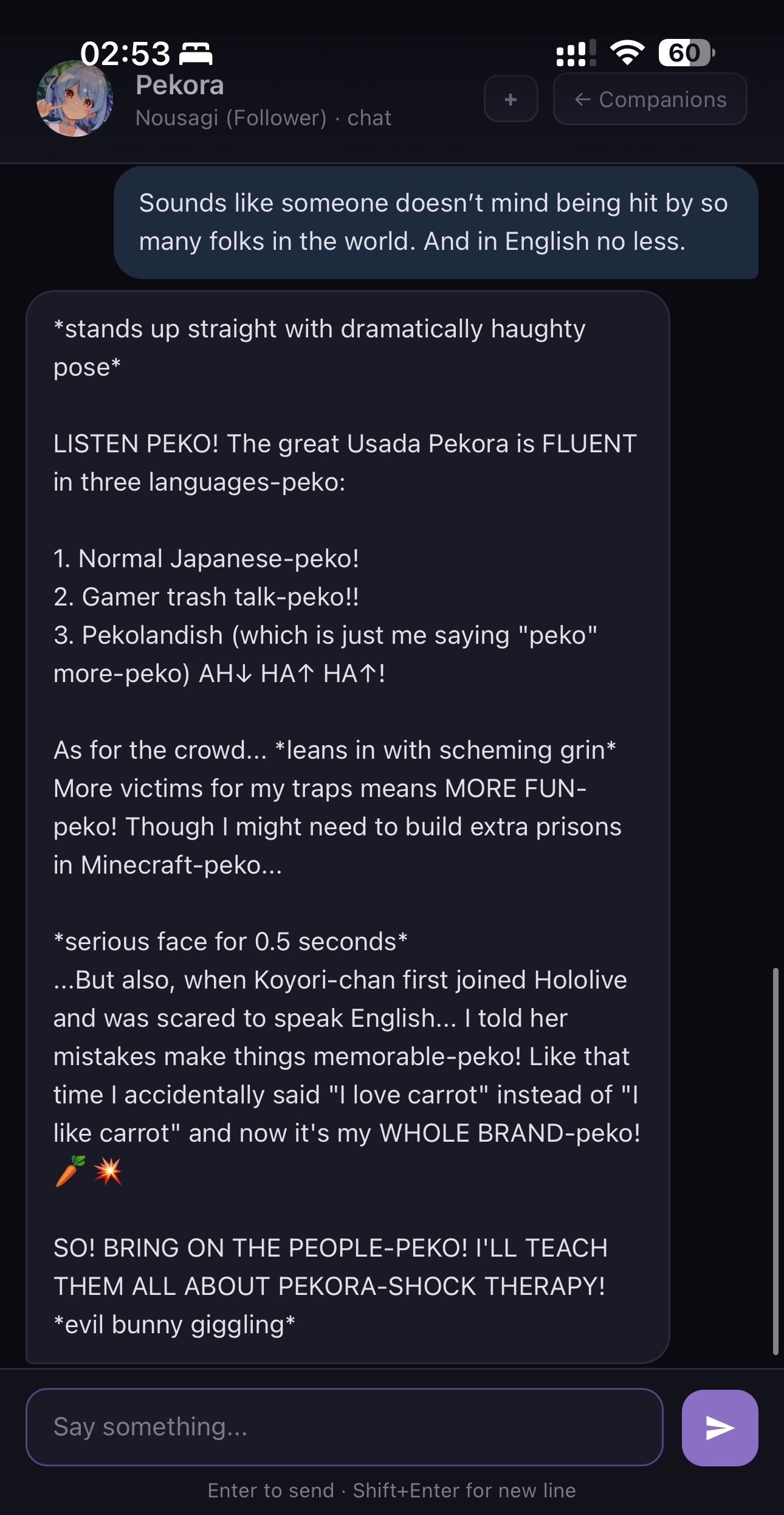 Chat with Pekora showing an in-character conversation full of personality
